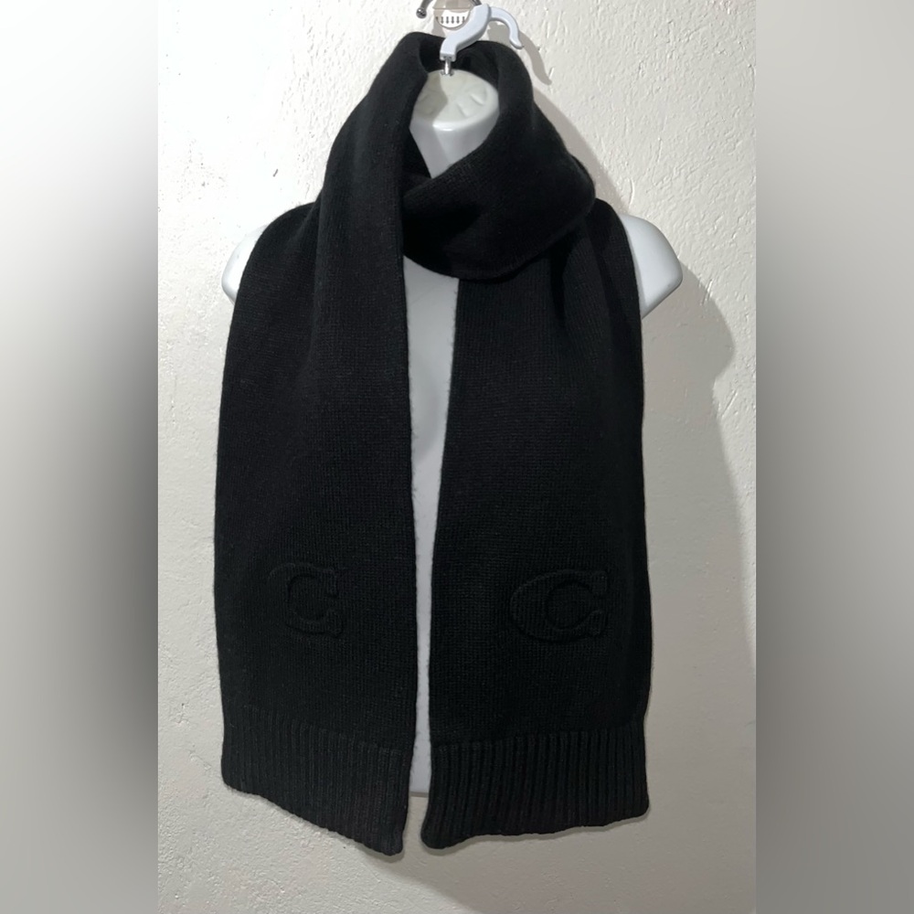 COACH Black Embossed Signature C Logo Rib-knit Thick Scarf Wool-Blend Luxury